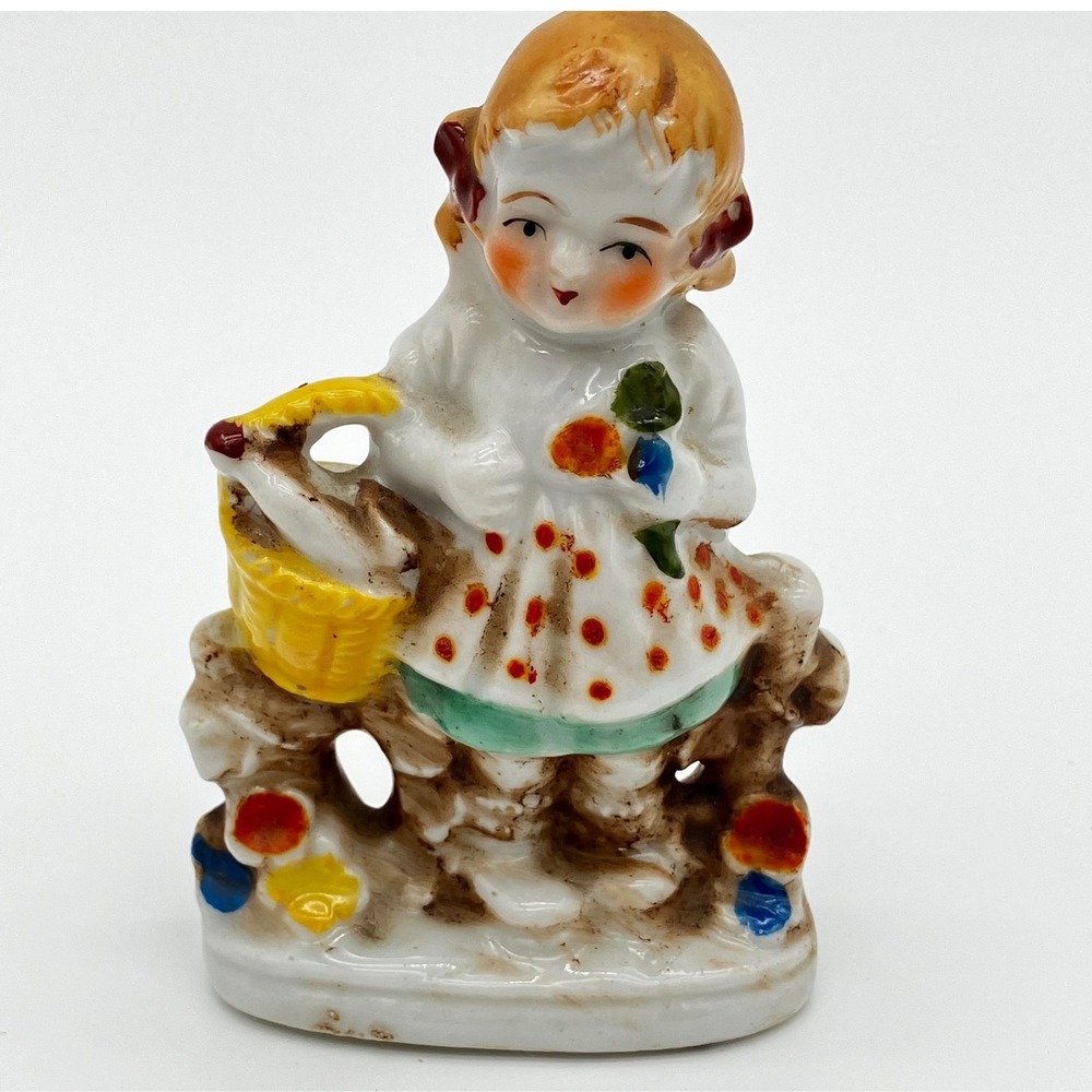 Vintage Porcelain Figurine Made in Occupied Japan 3.5" Girl Flower Basket White